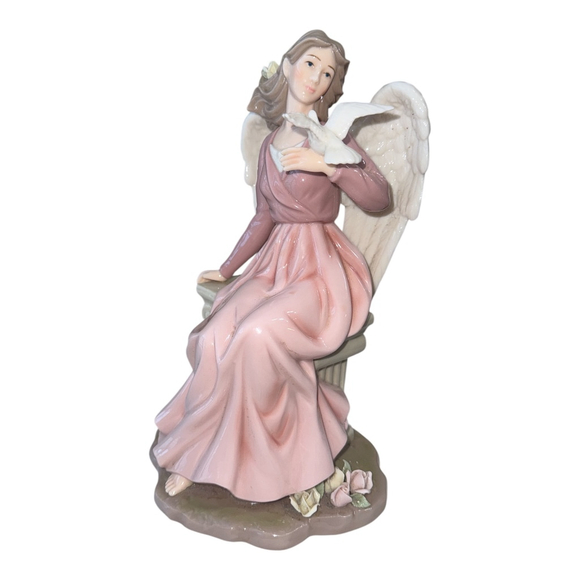 Decorative Porcelain Angel Figurine with Dove Pink Dress White Wings 10.5